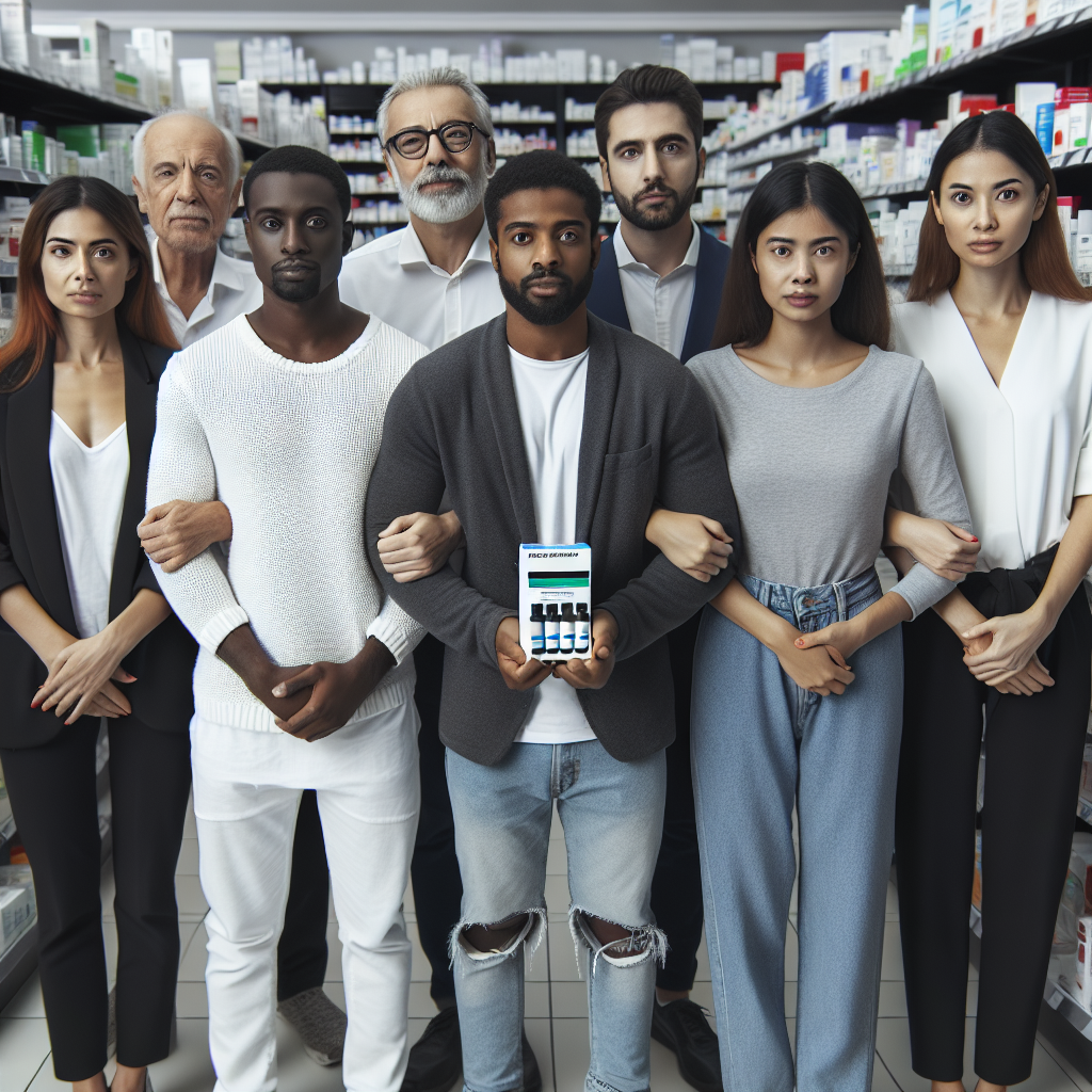 A group of diverse individuals standing in a pharmacy, holding a detection kit for chemical submission, with expressions of concern and solidarity, against the backdrop of pharmacy shelves; a symbolic scene promoting awareness and prevention of chemical submission.