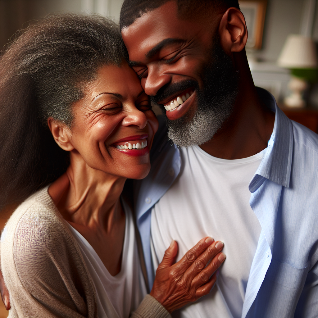 A diverse couple deeply in love, with a significant age difference, in a candid, joyful moment, set in a warm, inviting living room, symbolizing love and understanding regardless of age.