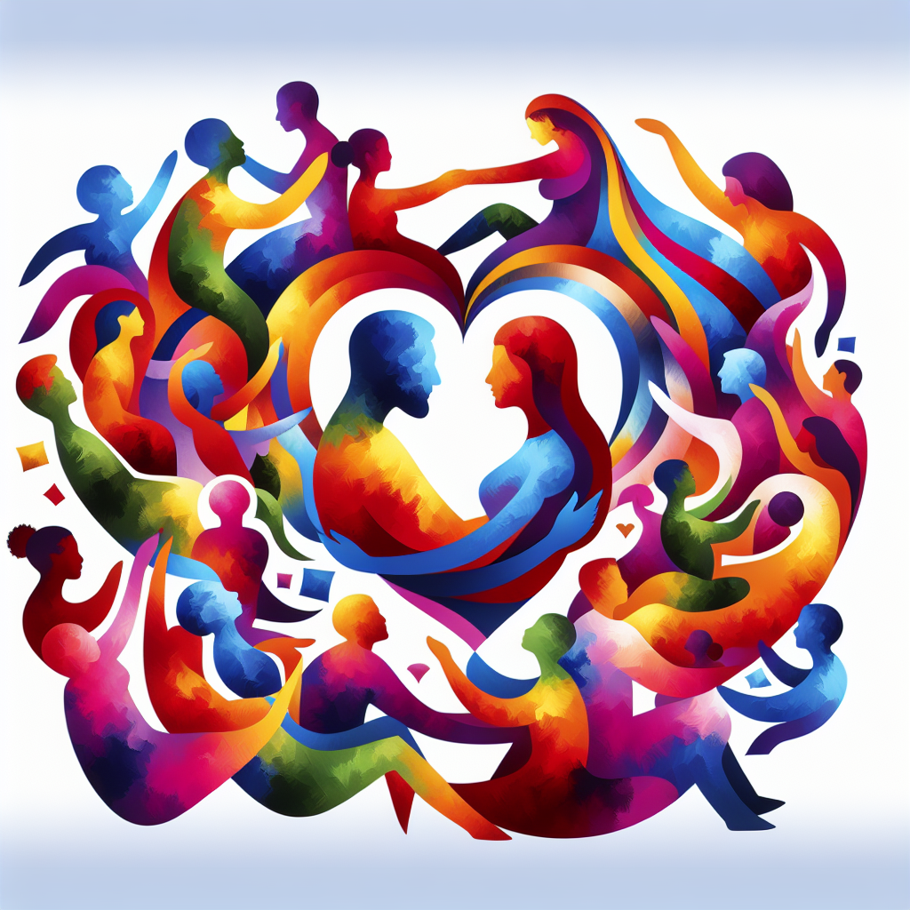 A vibrant and abstract representation of compersion, showcasing diverse couples of various ethnicities in a harmonious and joyful interaction, colors symbolizing love and connection.