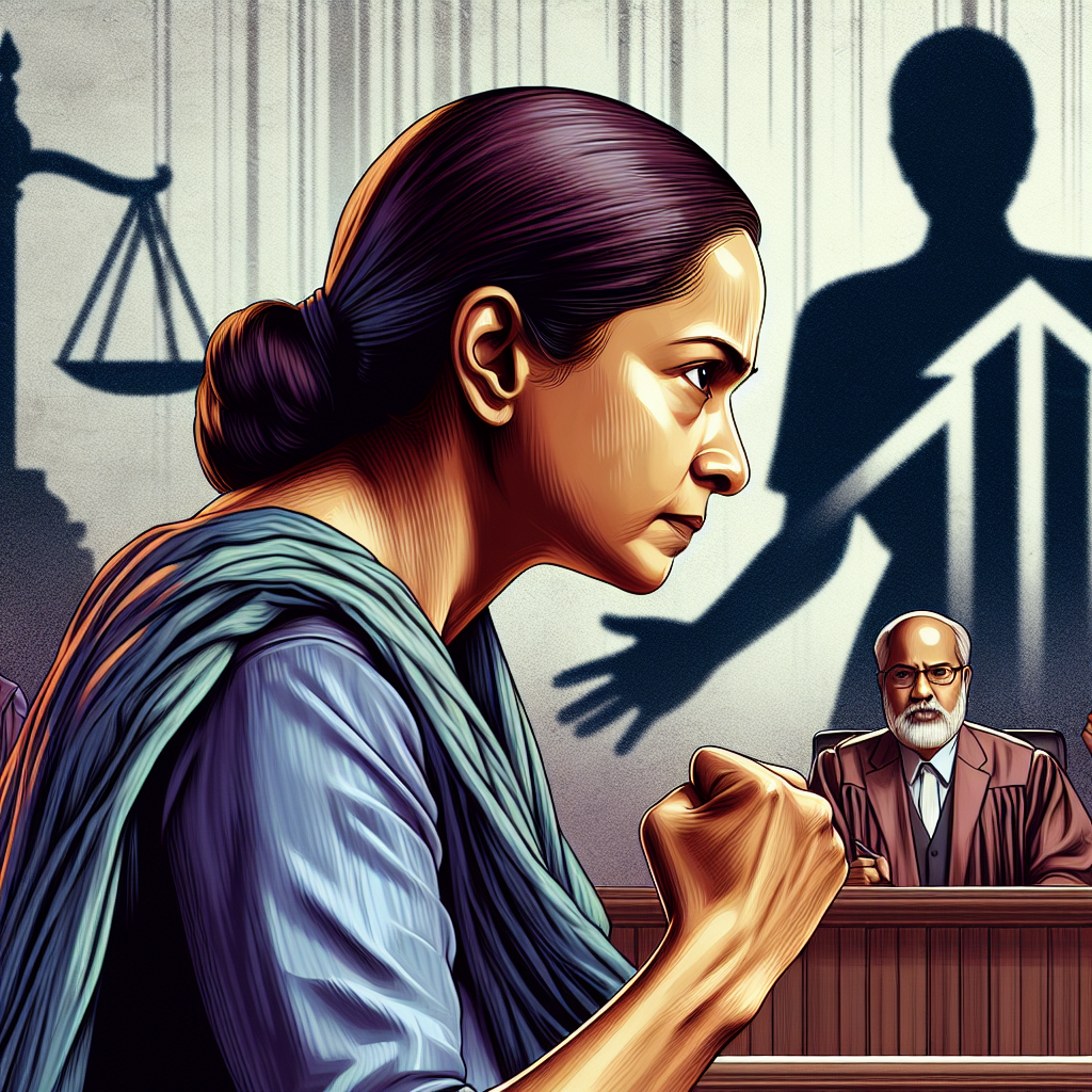 A poignant and emotive illustration of a determined mother standing her ground assertively in a courtroom, symbolizing resilience and justice, with shadows of an official banner or scales of justice in the background.