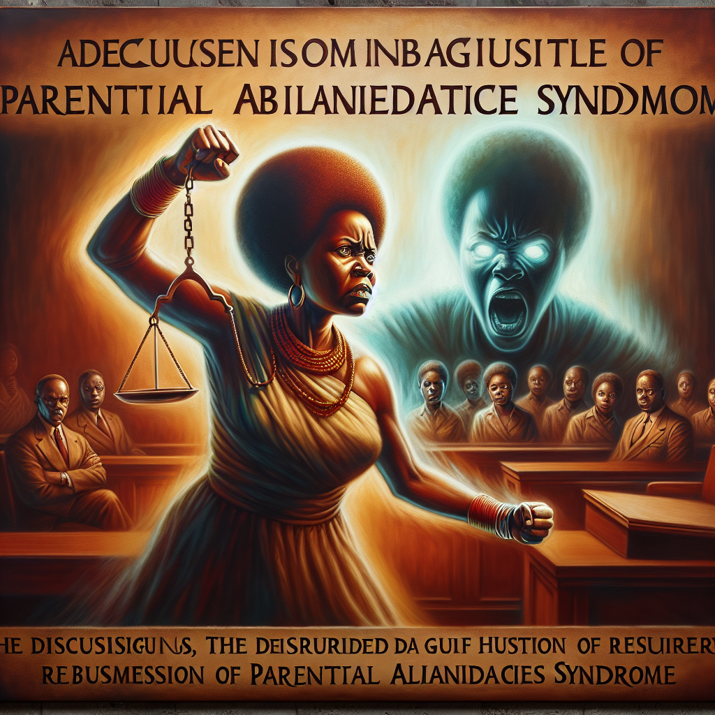 A symbolic representation of a mother courageously fighting against an oppressive and invisible force, symbolizing the discredited parental alienation syndrome. The image should convey a sense of justice and determination, with a courtroom setting in the background, highlighting both the struggle and hope for change.