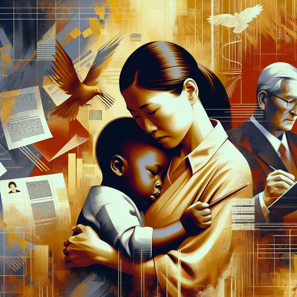 A powerful and emotional depiction of a mother holding her child closely, surrounded by abstract representations of legal documents and courtrooms. The image conveys a sense of struggle, protection, and resilience against unjust accusations, set in a modern, artistic style.