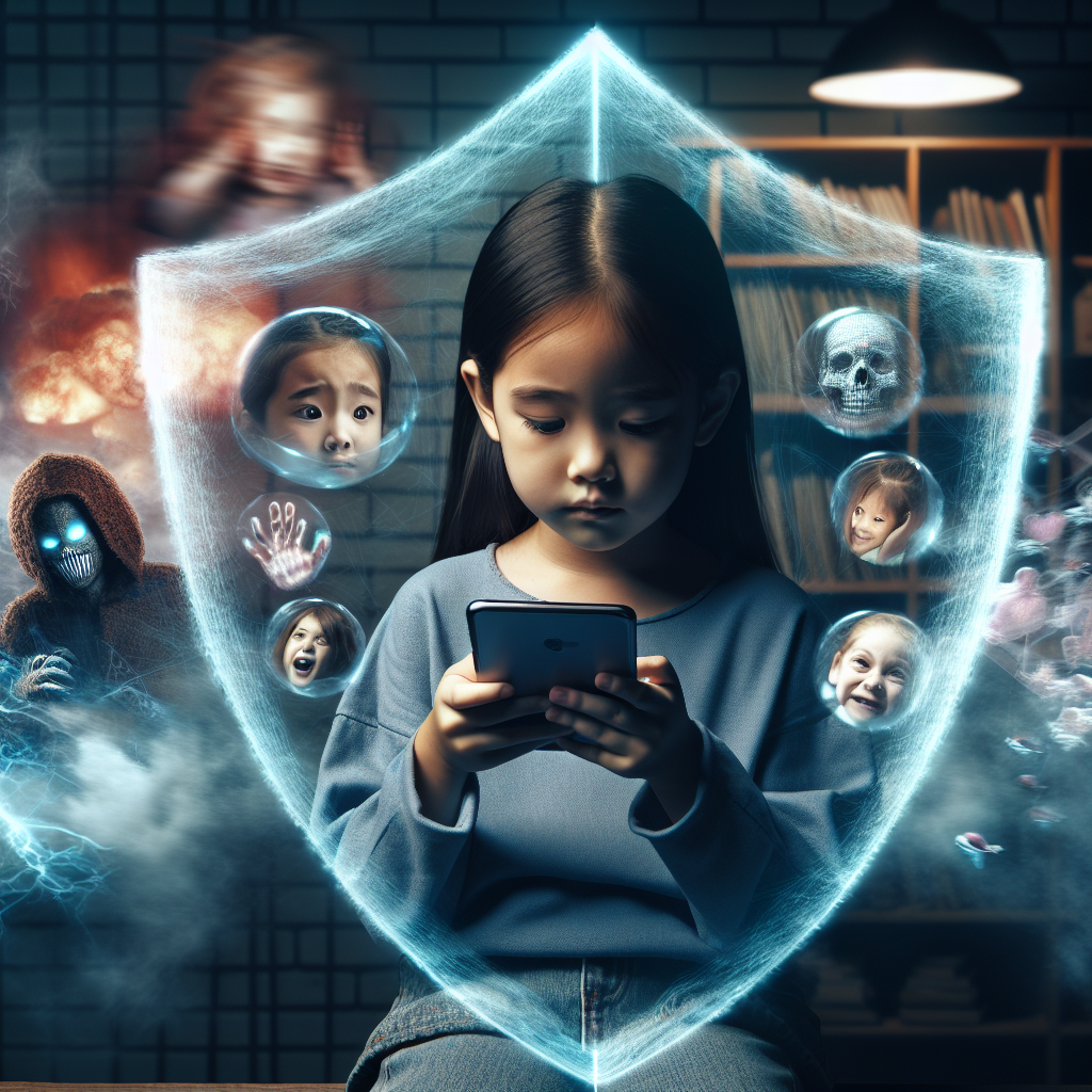 A symbolic image showing a protective shield surrounding a child using a smartphone, with blurred images of inappropriate content on the outside. The theme is digital safety and protection of children from harmful online content.
