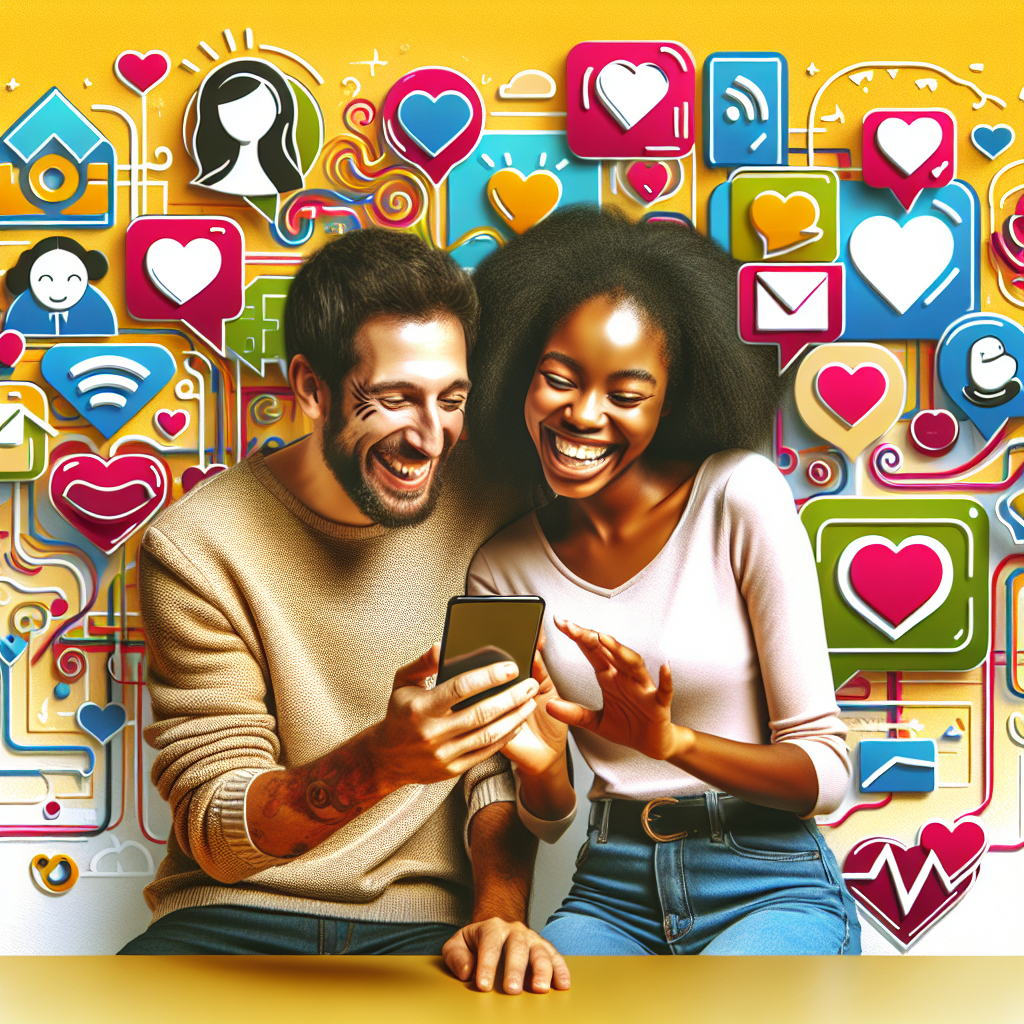 A couple happily engaged with a smartphone, surrounded by icons representing love, communication, and technology, in a modern and vibrant digital art style.