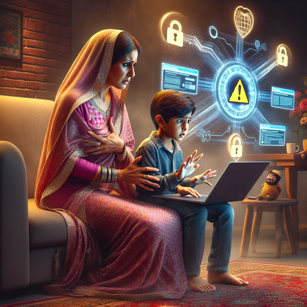 A concerned parent shielding their child from inappropriate online content, with digital safety elements such as padlocks and warnings, in a family setting, realistic art style.