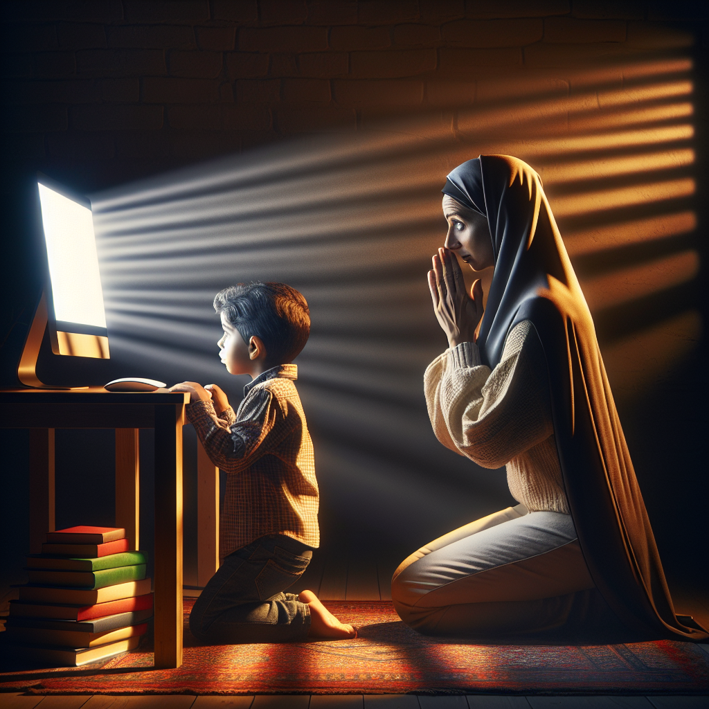 A concerned parent shields their child from explicit content on a computer screen, symbolizing the efforts to protect minors from harmful online material. The image conveys a sense of responsibility and awareness in a digital age.