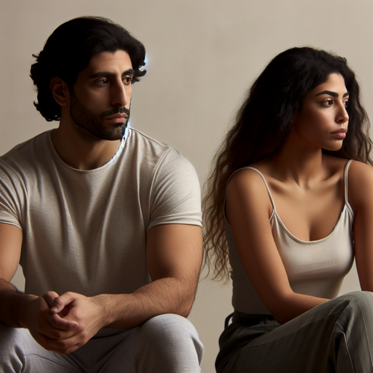 A thoughtful couple sitting apart but looking towards each other, representing emotional distance in relationships. The background is soft and neutral, focusing on the emotions and expressions of the individuals.