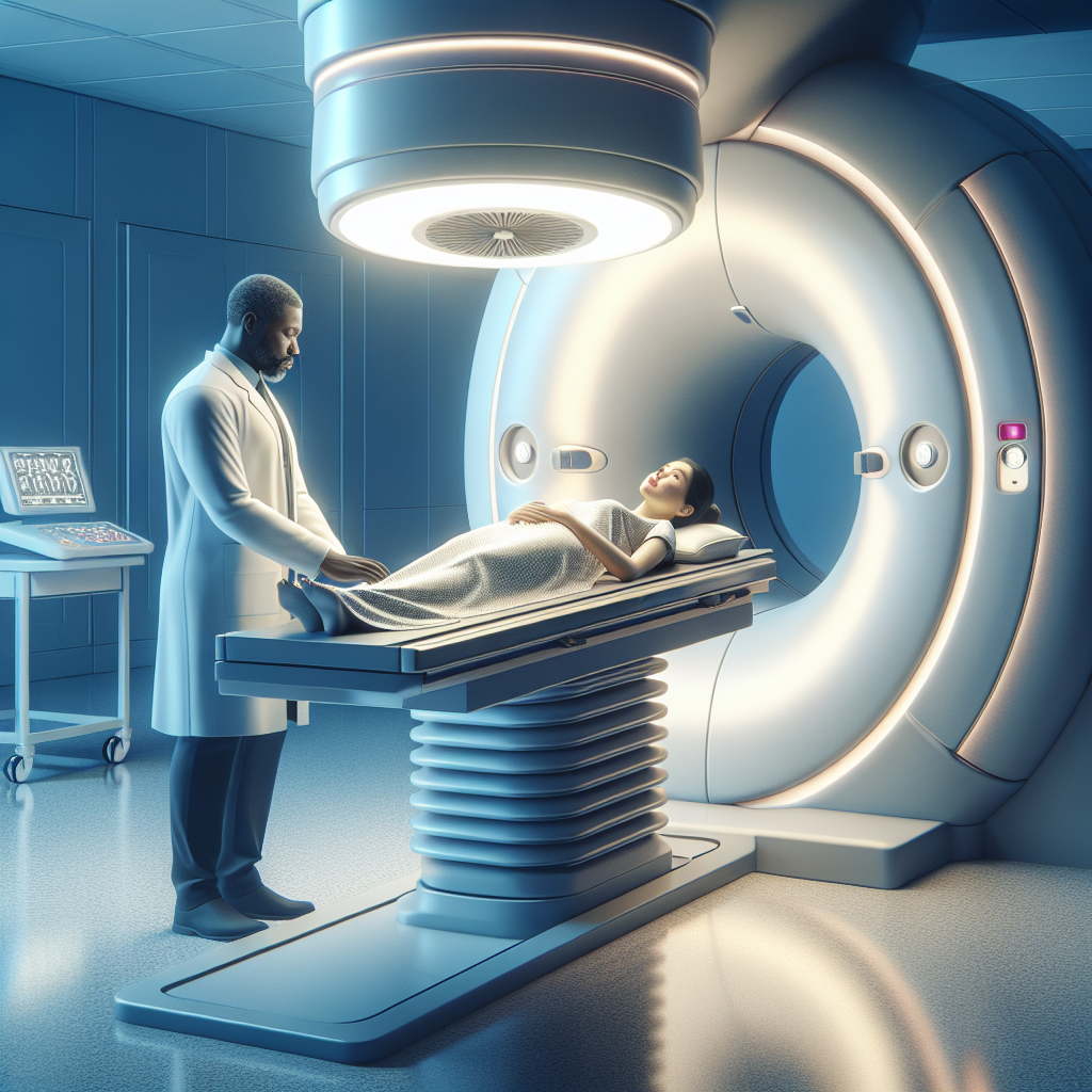 A focused and empathetic image of a female patient in a modern radiotherapy room, showing a compassionate healthcare professional adjusting the equipment, symbolizing hope and advancement in cancer treatment. The room should have soft lighting, high-tech machinery, and a comforting atmosphere.