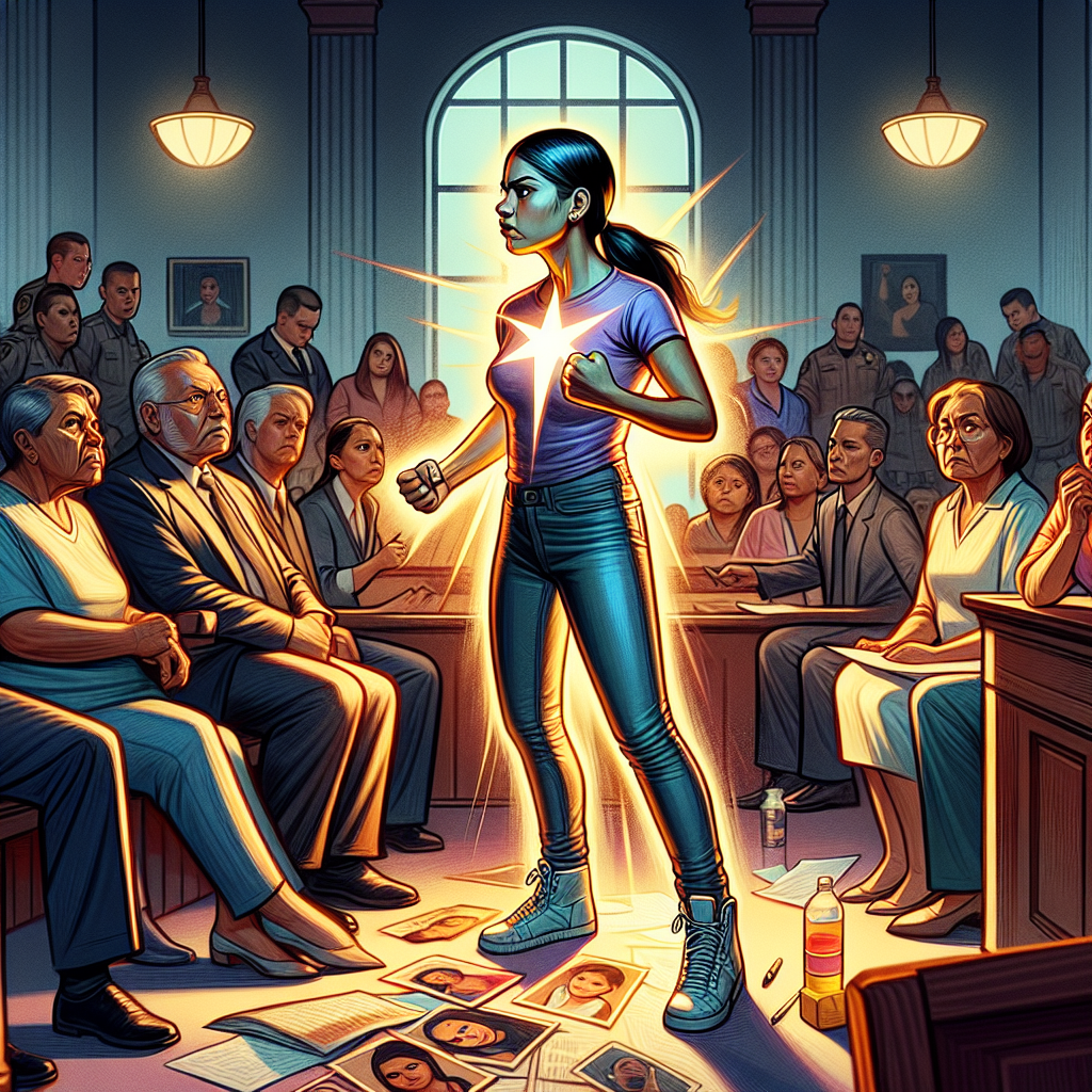 A powerful image illustrating the struggle of a mother fighting against an unjust accusation in a courtroom, with a symbolic representation of alienation and misunderstanding. The image should convey feelings of strength, determination, and hope.