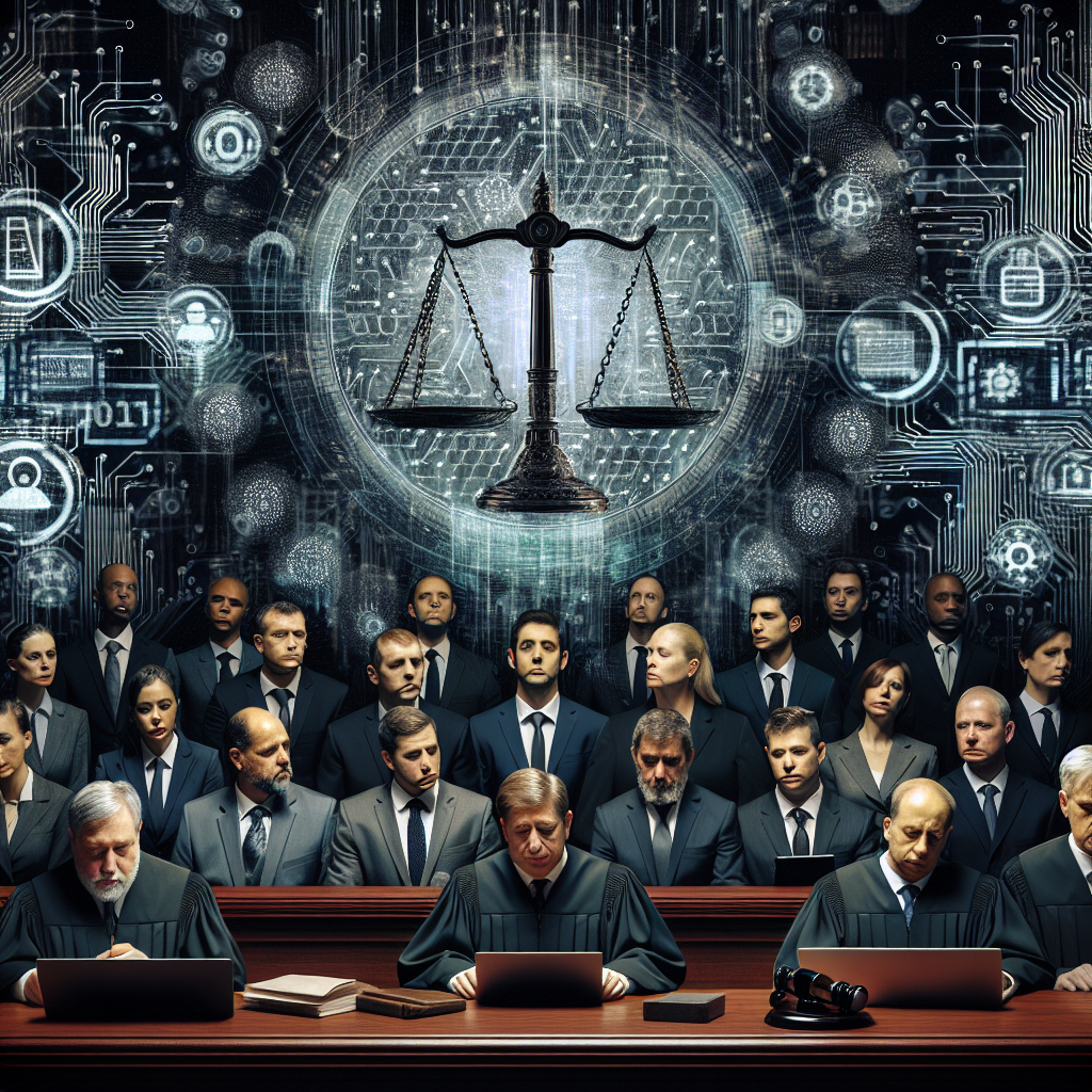 A solemn court room with judges deliberating, representing a significant legal decision about online protection of minors. The backdrop should show scales of justice and digital elements, symbolizing the intersection of law and technology.