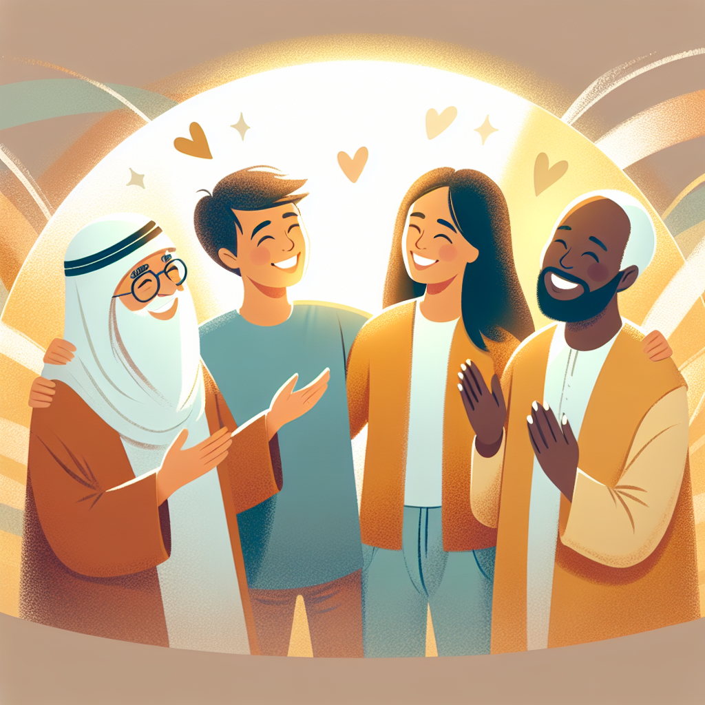 An illustration depicting a diverse, harmonious relationship setting, with multiple people expressing happiness and connection. The scene should be warm and inviting, symbolizing empathy and mutual joy.