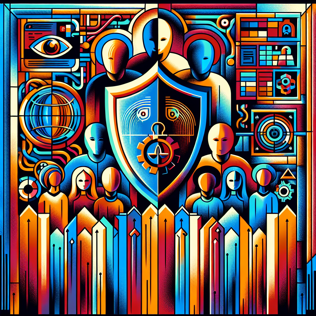 An abstract representation of children being protected from online dangers, featuring a symbolic firewall or barrier between children and explicit content, in a modern digital art style, with elements representing justice and technology.
