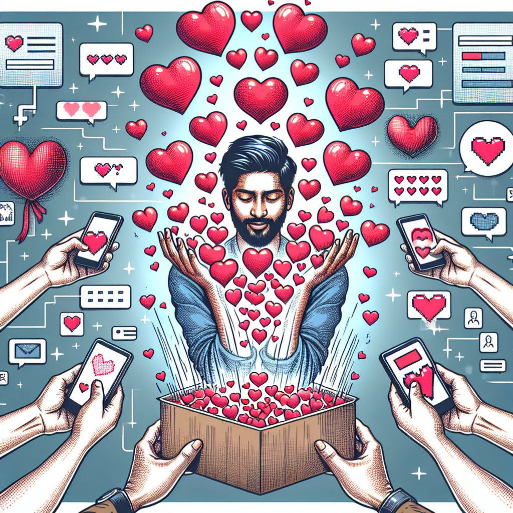 An illustration depicting a person overwhelmed by hearts and affectionate gestures, symbolizing the concept of 'love bombing', with a background blend of digital communication icons like smartphones and chat bubbles.