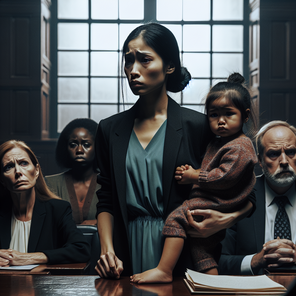 A dramatic courtroom scene with a distressed mother holding her child's hand, facing judges and a skeptical opposing party. The atmosphere is tense, illustrating the theme of a legal battle over child custody.
