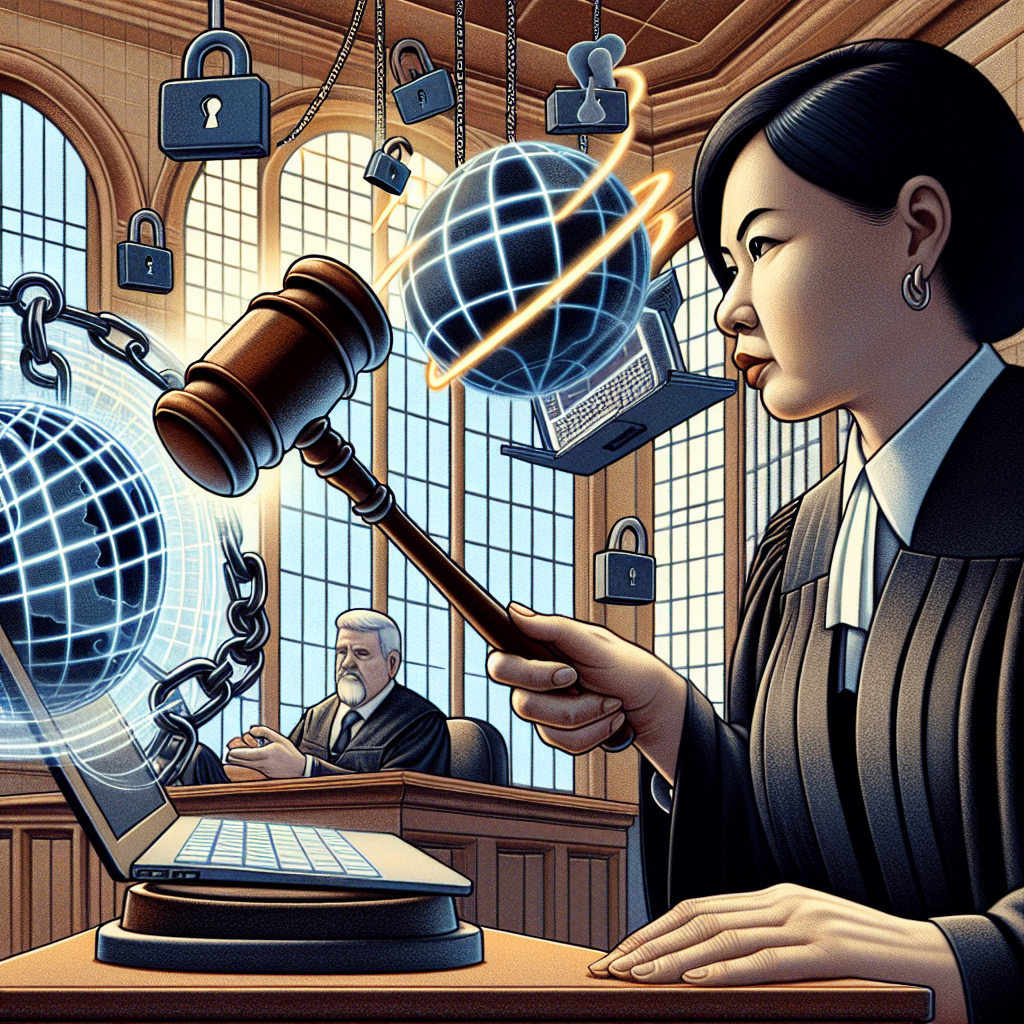 A courtroom scene where a judge's gavel is about to strike, symbolizing internet regulations. In the background, an abstract representation of a child browsing a computer with protective barriers around. The image should convey a sense of justice and protection.