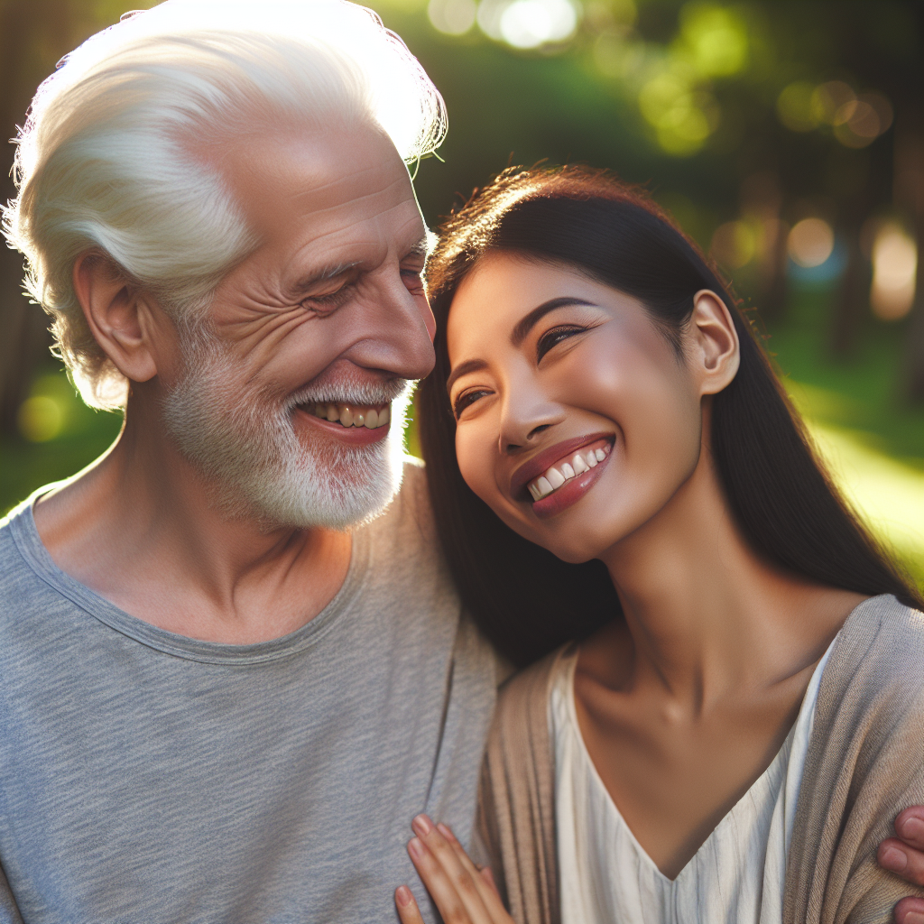 A loving couple with a significant age difference, looking happy and content together. The scene captures them in a serene park setting, enjoying a sunny day, symbolizing harmony and mutual understanding despite the age gap.