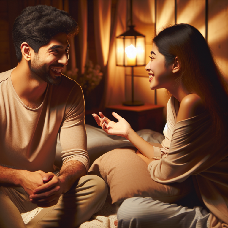 A warm, intimate couple having a joyful conversation in a softly-lit bedroom, symbolizing open communication and intimacy exploration, with cozy blankets and pillows around.