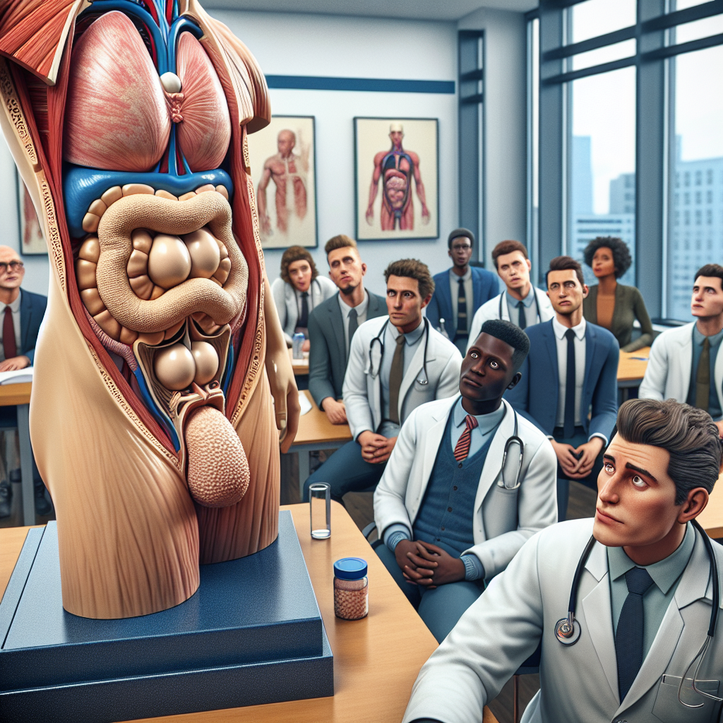 A detailed illustration of a medical class discovering an anomaly on a human anatomical model, showcasing three penises in a clinical and educational setting, depicting astonishment and curiosity among the students.