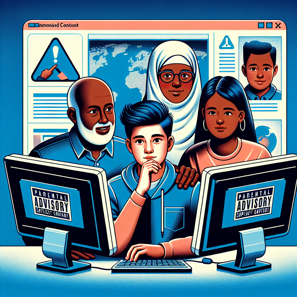 A thoughtful illustration depicting a youthful perspective on the dangers of unrestricted online access to adult content, showing concerned parents or guardians monitoring digital interactions with teenagers.