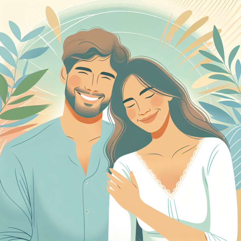 A serene illustration depicting two individuals in a harmonious relationship, radiating warmth and mutual happiness, without signs of jealousy. Soft colors like pastel blues and greens enhance the tranquil and positive mood.