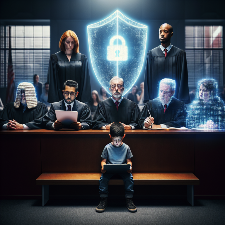 A solemn courtroom scene depicting judges making a significant decision, with a symbolic barrier between a child and a computer screen displaying blurred inappropriate content, emphasizing the theme of protecting minors from online dangers.