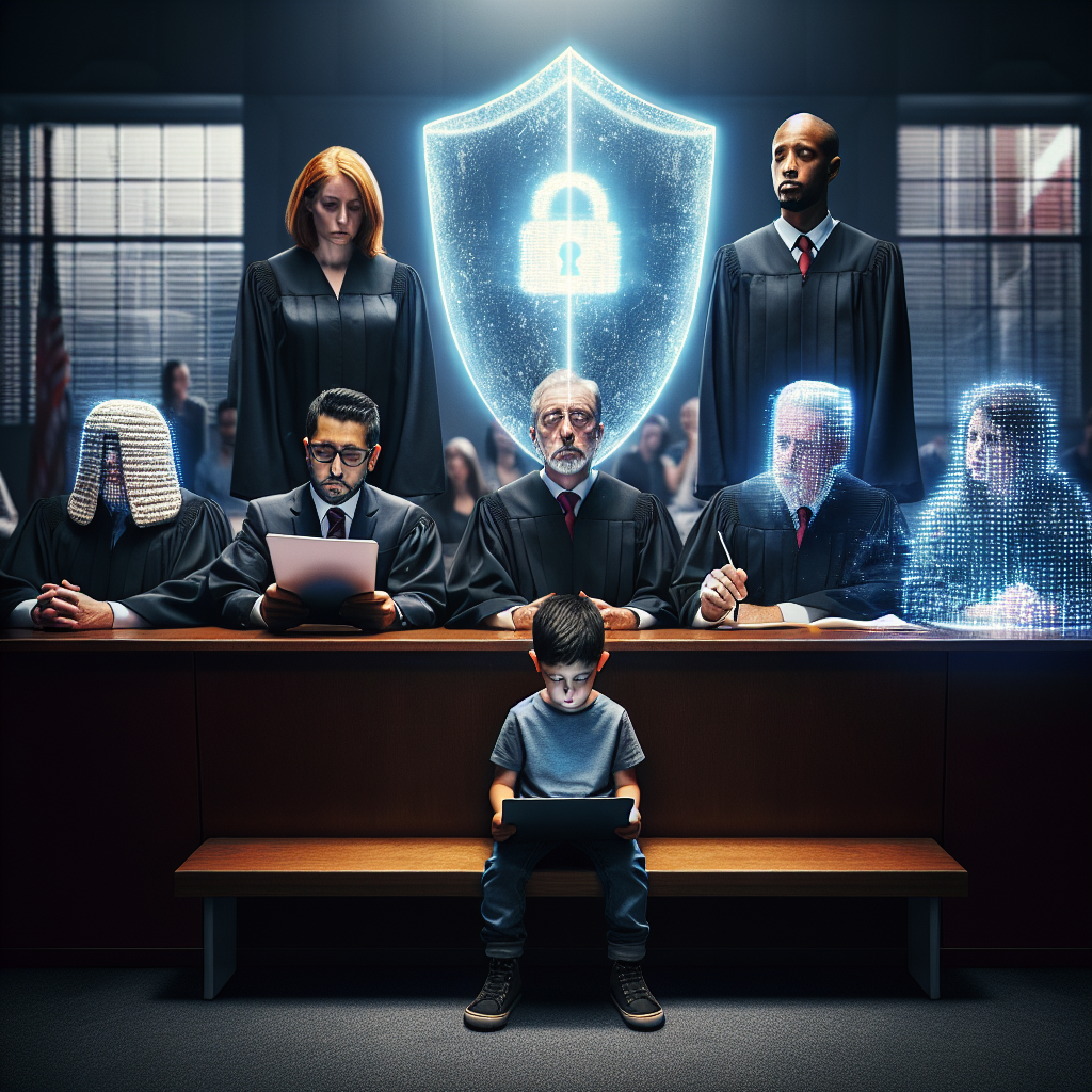 A solemn courtroom scene depicting judges making a significant decision, with a symbolic barrier between a child and a computer screen displaying blurred inappropriate content, emphasizing the theme of protecting minors from online dangers.