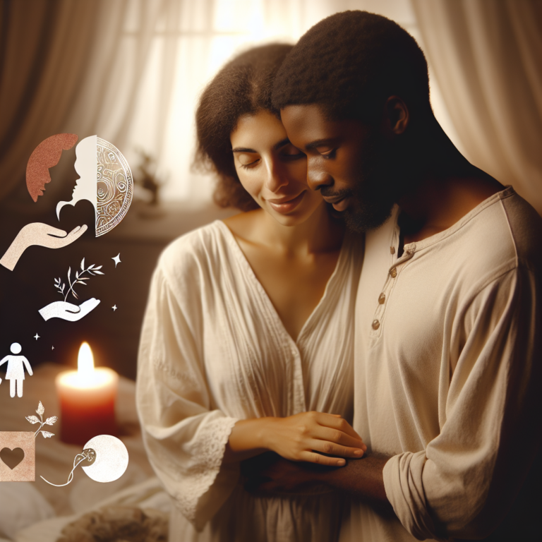 A heartwarming and intimate scene between a loving couple in a softly lit bedroom, symbolizing open communication and exploration in their relationship, with warm tones and a gentle, inviting atmosphere.