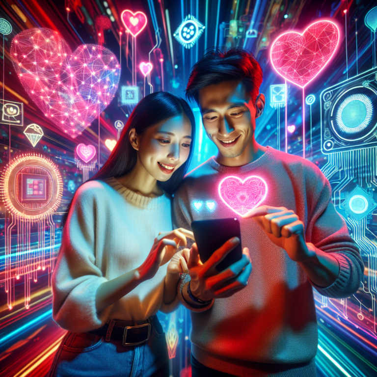 A diverse couple using a smartphone together, surrounded by romantic and tech-related visuals, in a vibrant and modern setting.