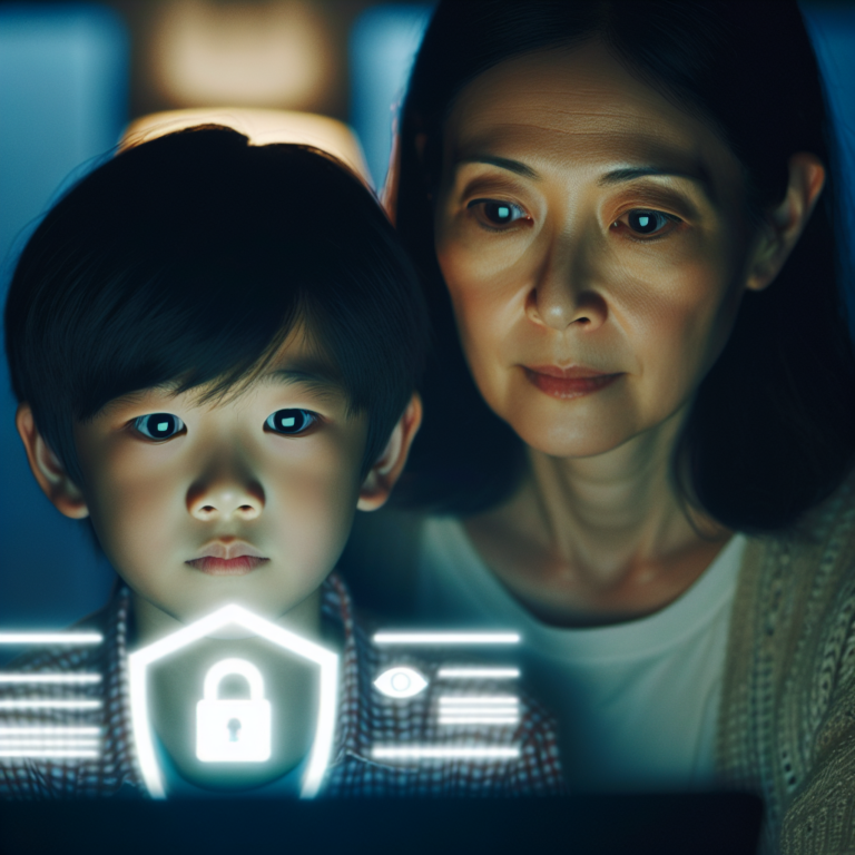 A concerned parent and child looking at a computer screen, symbolizing awareness and protection against inappropriate content. Atmosphere of care and vigilance, with a soft focus on their expressions and the computer screen glowing softly in a dimly lit room, representing the digital age.