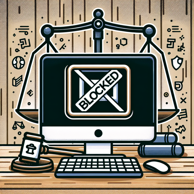 A digital illustration showing a computer screen with a 'blocked' sign over it, representing online safety measures for children. The background features symbols of justice like scales and gavel, emphasizing legal actions to protect minors from online pornography.