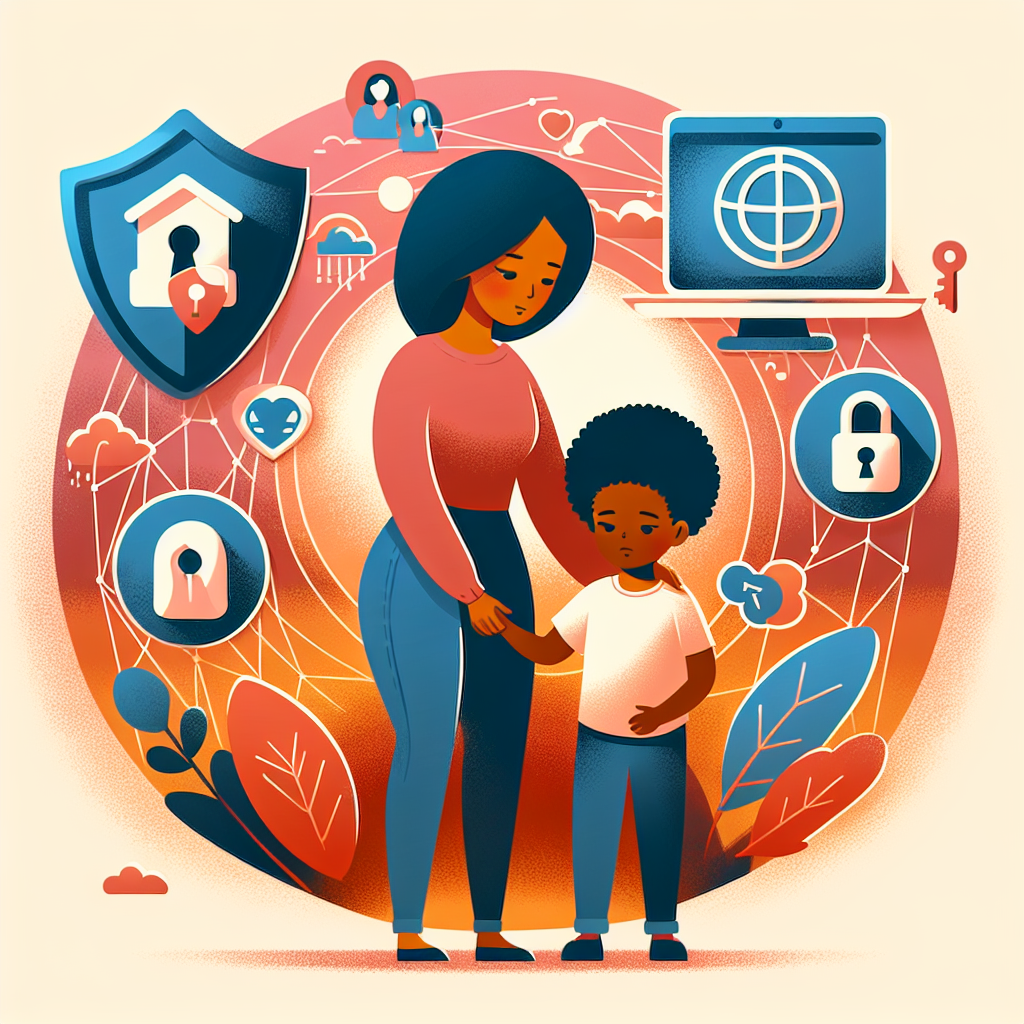 An educational scene illustrating the impact of regulating internet access on children's safety, showing a concerned parent guiding their child, with abstract symbols of internet security and protection. The setting is warm and reassuring, promoting a safe and healthy digital environment for kids.