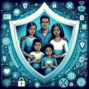 An illustrative image of a family with children protected by a shield symbol, representing protection from inappropriate online content. The background includes abstract symbols of the internet and digital age, suggestive of safeguarding in the cyber world.