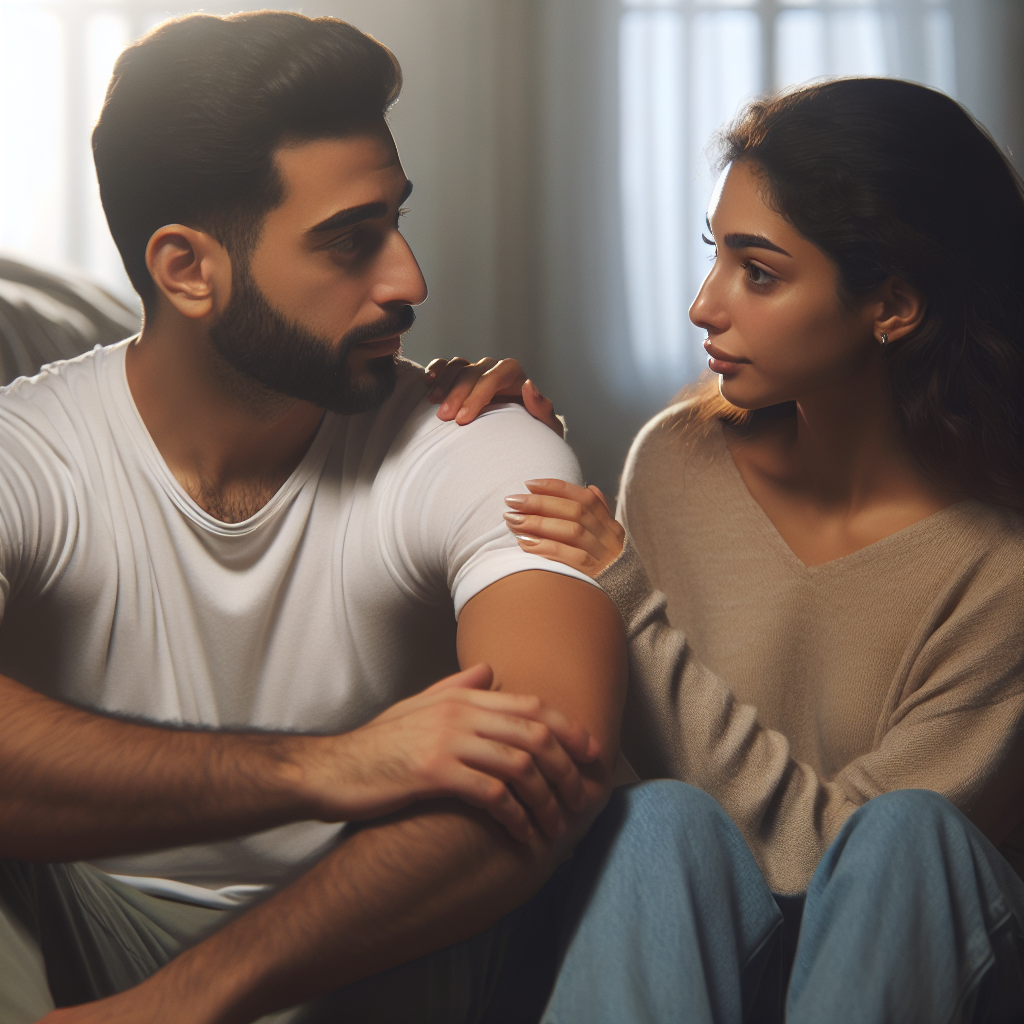 A couple in a cozy, intimate bedroom setting, softly lit, having a thoughtful conversation. The focus is on the mutual understanding and communication between partners, illustrated through gentle gestures and sincere expressions, conveying a sense of trust and openness.