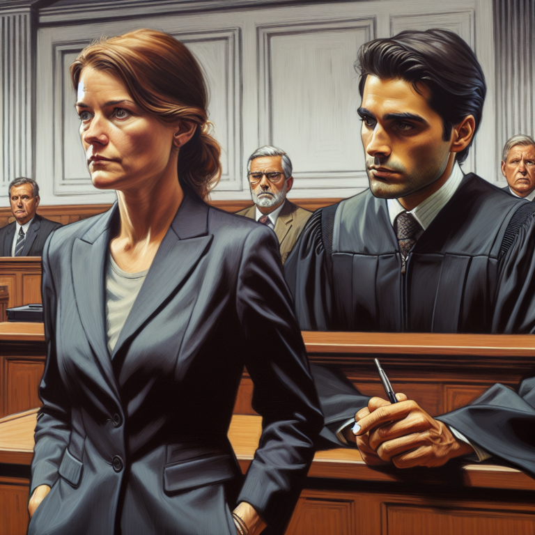 A courtroom scene with a worried mother standing, while a judge dismisses invalid evidence of parental alienation syndrome. The mother looks determined and assertive. The style is realistic, capturing expressions of tension and resolution.