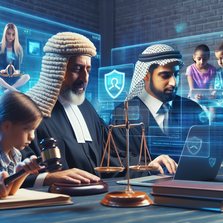 A courtroom scene with judges and lawyers discussing internet safety. In the foreground, a symbol of justice scales, and in the background, abstract representations of a computer screen and a family protecting children from harmful content online.