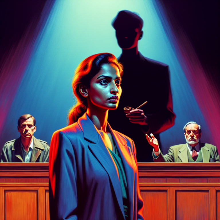 A courtroom scene with a strong, determined mother standing up against allegations, with a shadowy figure representing outdated psychological theories in the background. The image should convey a sense of injustice and resilience.