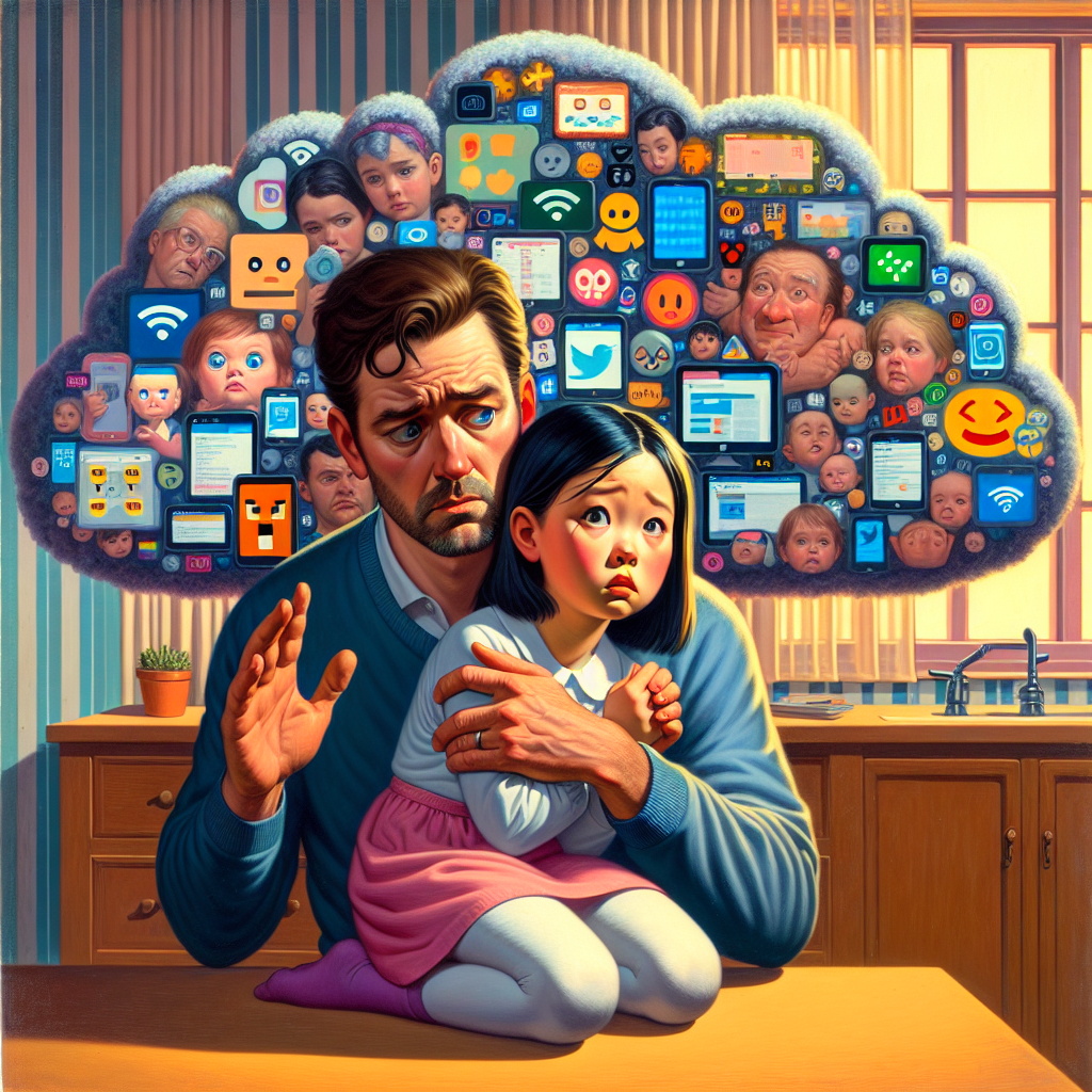 A concerned parent shielding their child from a digital cloud filled with suggestive content and symbols representing the internet, depicted in a warm, illustrative style.