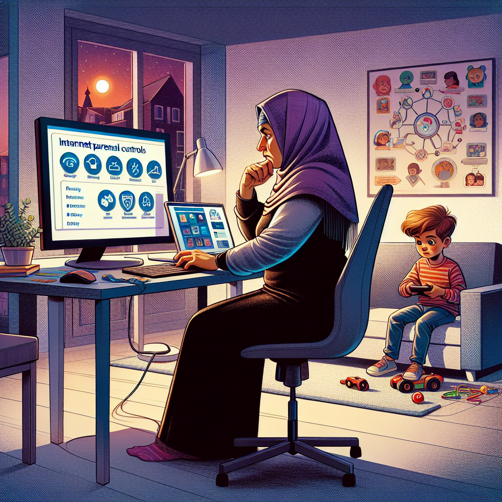 A concerned parent using a computer to set up parental controls, with a child in the background, safe and unaware. The computer screen has icons for parental control software. The setting is a modern family living room, with warm lighting and educational posters on the wall.