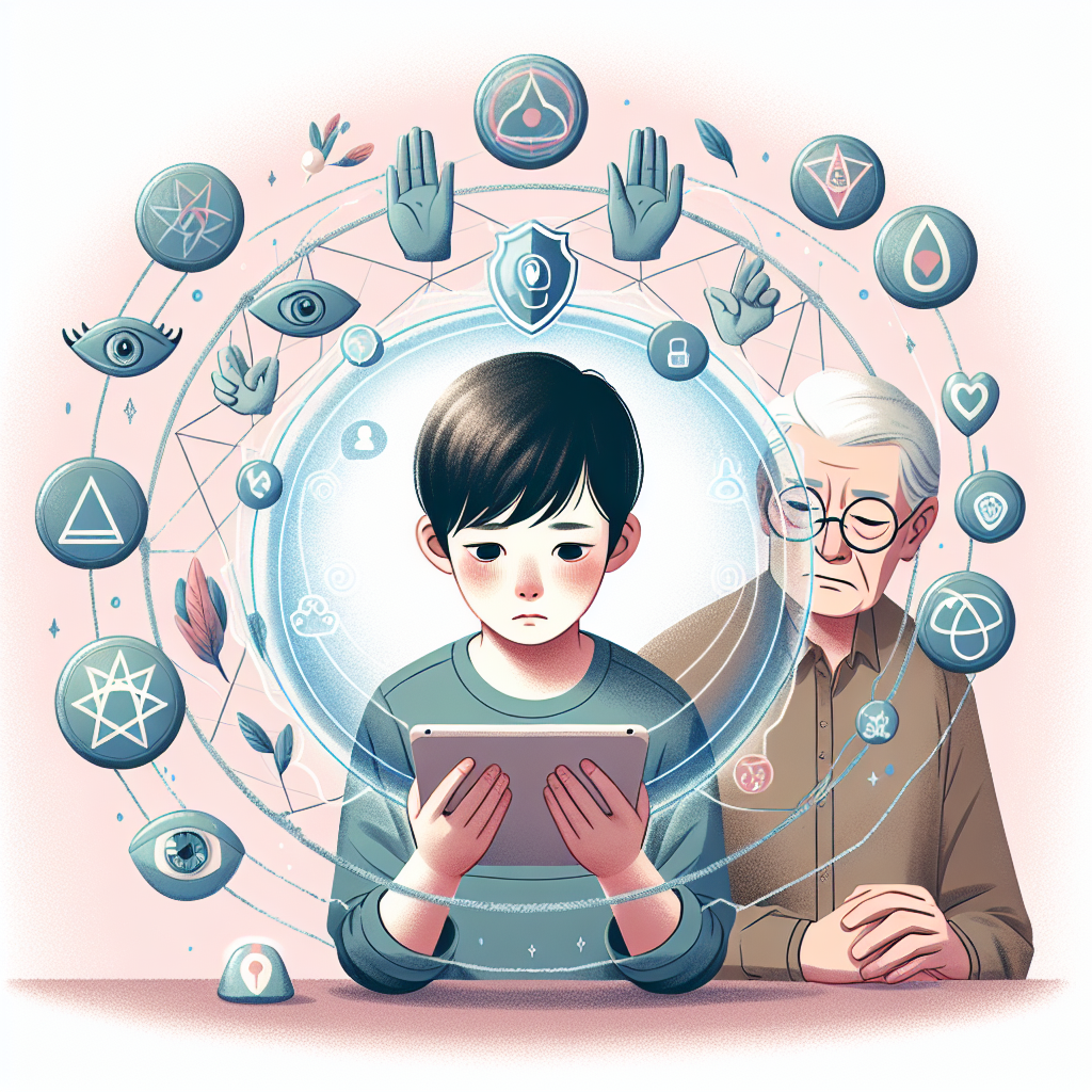 A thoughtful illustration of a young child browsing a tablet, surrounded by protective symbols and a guardian figure, conveying protection and awareness regarding online content. Soft colors, modern digital art style.