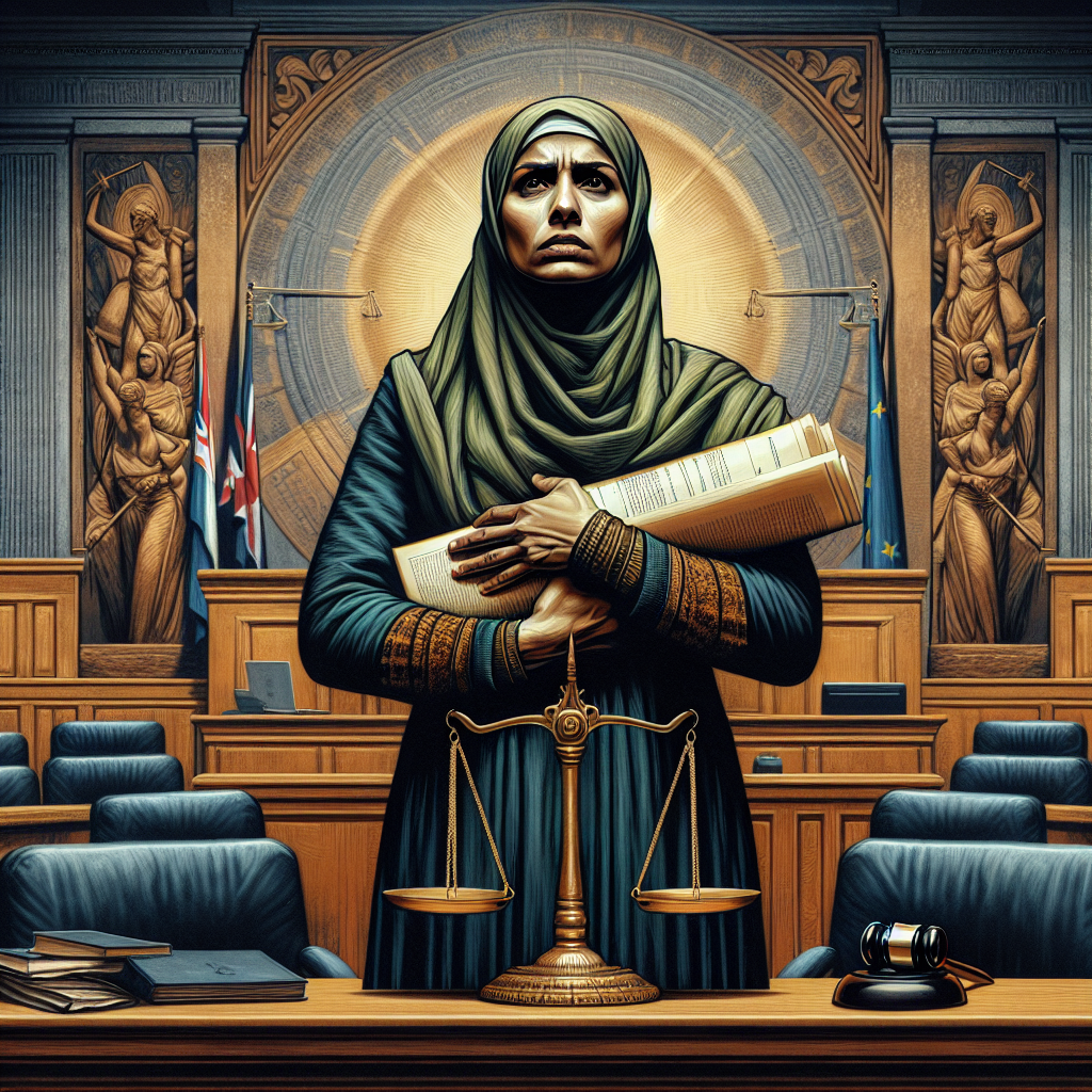 A powerful and emotional depiction of a determined mother standing in a courtroom, symbolizing strength and resilience, with legal documents in her hand, and symbols of justice like scales or gavels in the background.