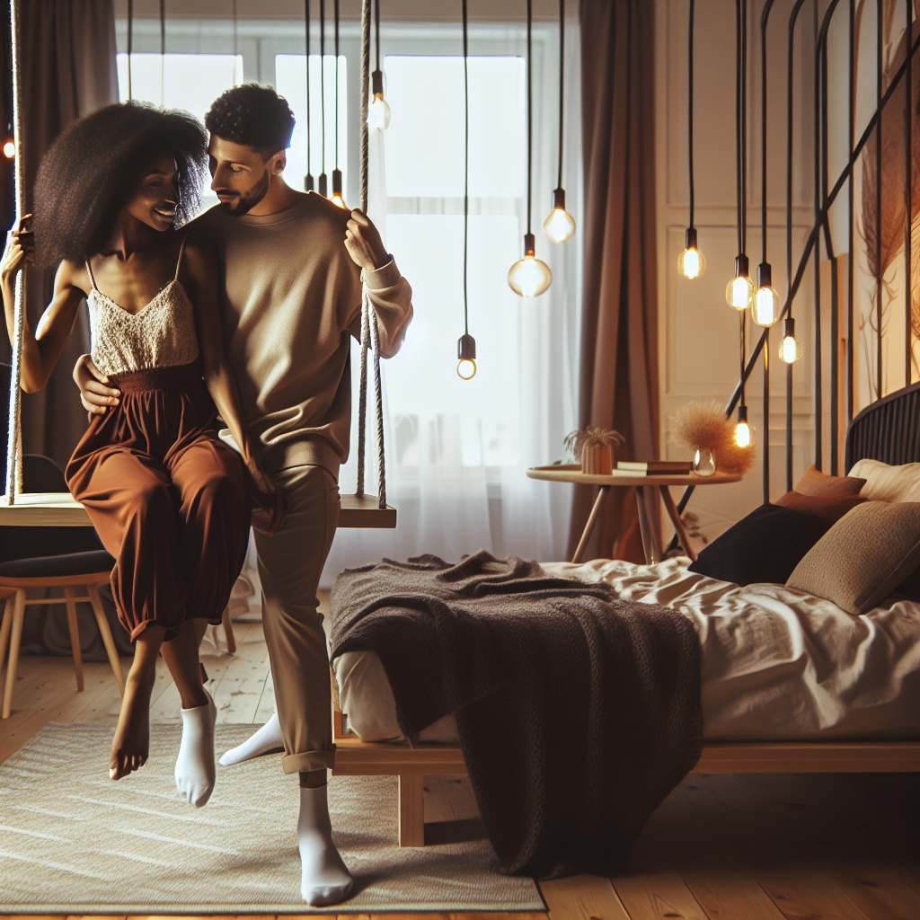 An artistic illustration showing a couple exploring with a sex swing in a chic and cozy bedroom, focusing on intimacy and fun, with soft lighting enhancing the romantic atmosphere.