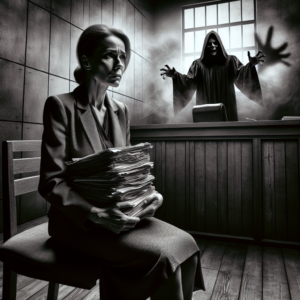 A distressed mother in a courtroom setting, holding a legal document, with a shadowy figure representing a false syndrome accusation looming in the background. The atmosphere is tense and somber, reflecting a sense of injustice and determination.