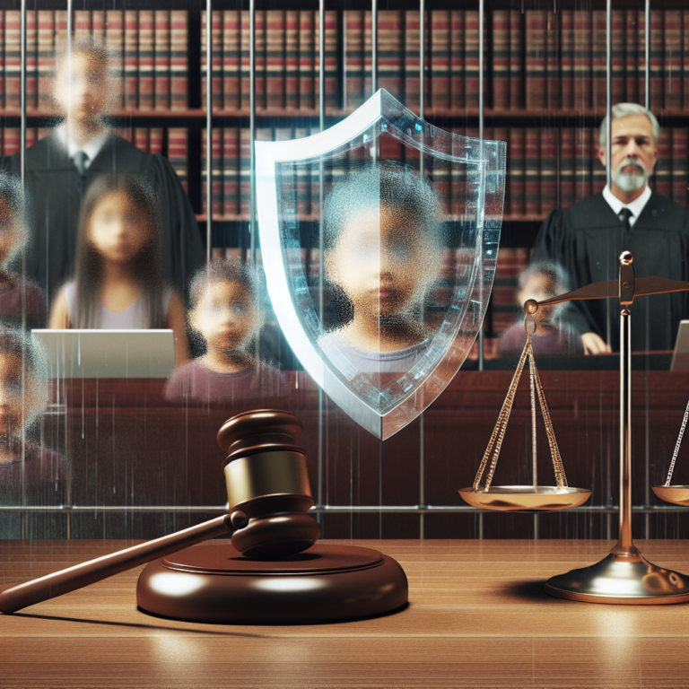 A courtroom with a gavel and scales of justice, abstract faces of children shielded by a graphical representation of a website block, symbolizing protection from online dangers.