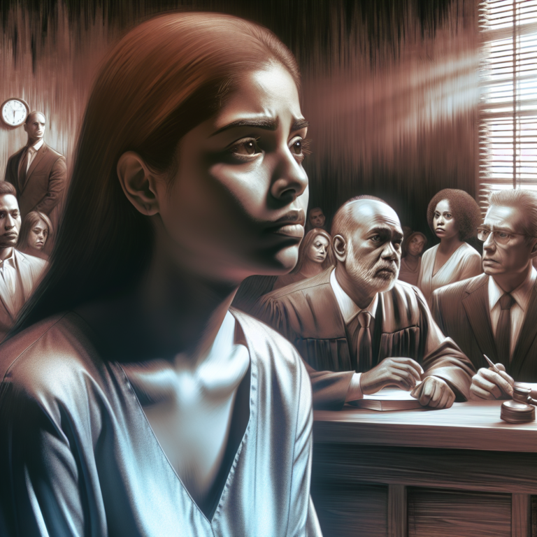 A distressed mother in a courtroom, symbolizing the struggle against parental alienation syndrome, with strong light and shadow contrasts, realistic style.