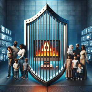 A symbolically charged image depicting a protective barrier in front of a computer screen displaying illicit content, with a diverse group of concerned parents and children in the background watching with a sense of relief. The atmosphere should convey protection and caution in a digital age, illustrating societal efforts to shield children from harmful online content.