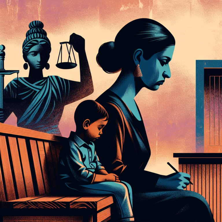 A distressed mother sitting in a courtroom, looking defeated, with a silhouette of a child holding her hand. The background should depict a scale of justice symbolizing the legal battle. The color scheme should evoke a sense of tension and injustice.