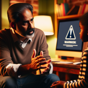 A concerned parent and child having a conversation at home, with a computer screen in the background showing a blurred warning message. The setting is warm and educational, focusing on communication and understanding.