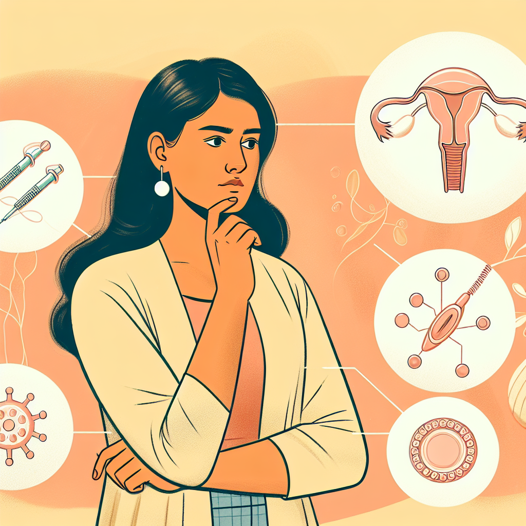 An informative illustration showing a woman contemplating different contraceptive methods, with a focus on the hormonal IUD and its potential health risks, including a symbolic representation of breast cancer risk.