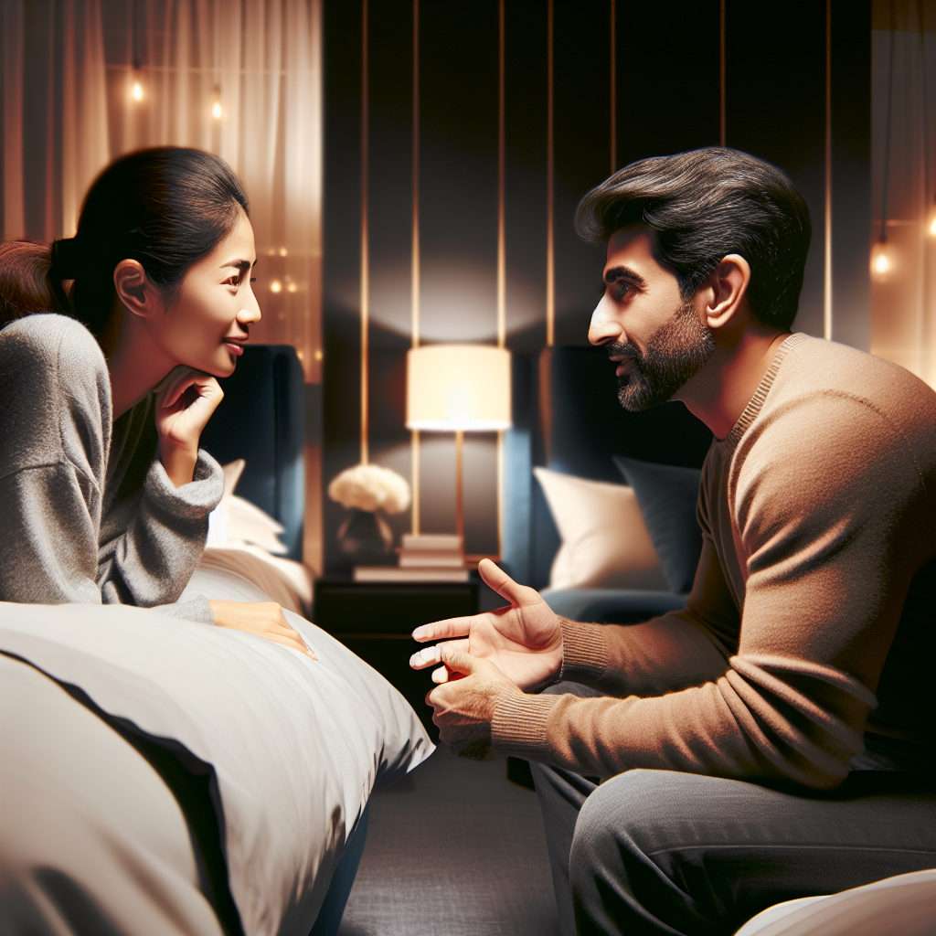 A couple having an intimate conversation in a cozy bedroom setting, showing open communication and connection. The atmosphere is warm and inviting, with soft lighting and comfortable surroundings, symbolizing trust and intimacy.