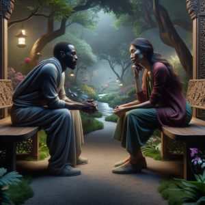 A calm and thoughtful scene of a couple having a serious conversation in a peaceful park setting. The atmosphere should reflect empathy and understanding, with soft lighting and gentle expressions.